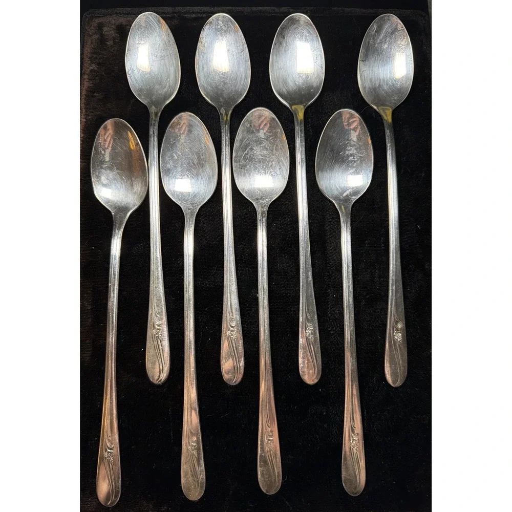 Vtg Silverplated Iced Tea Spoons Lot Of 8 H & T Mfg Co Meadow Flower 1940